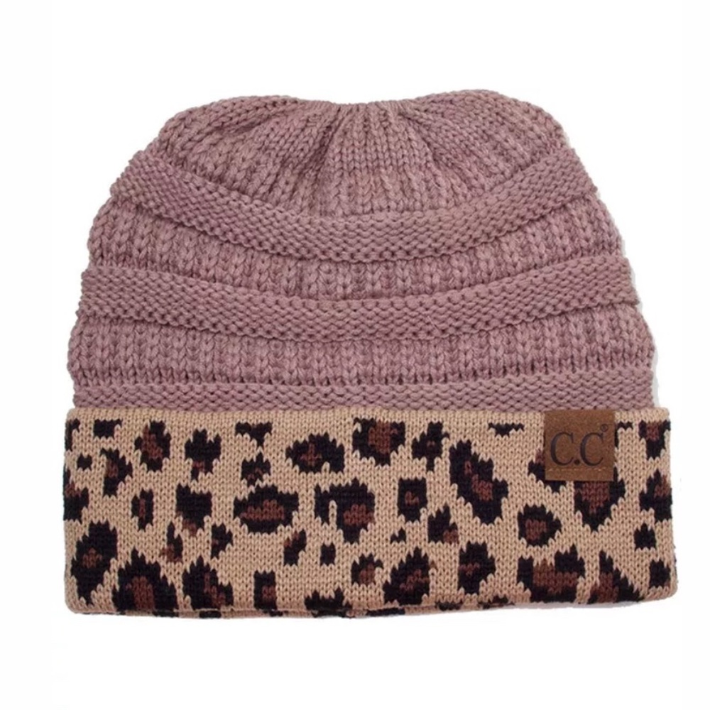 C.C Classic Solid Taupe With Leopard Cuff Beanie